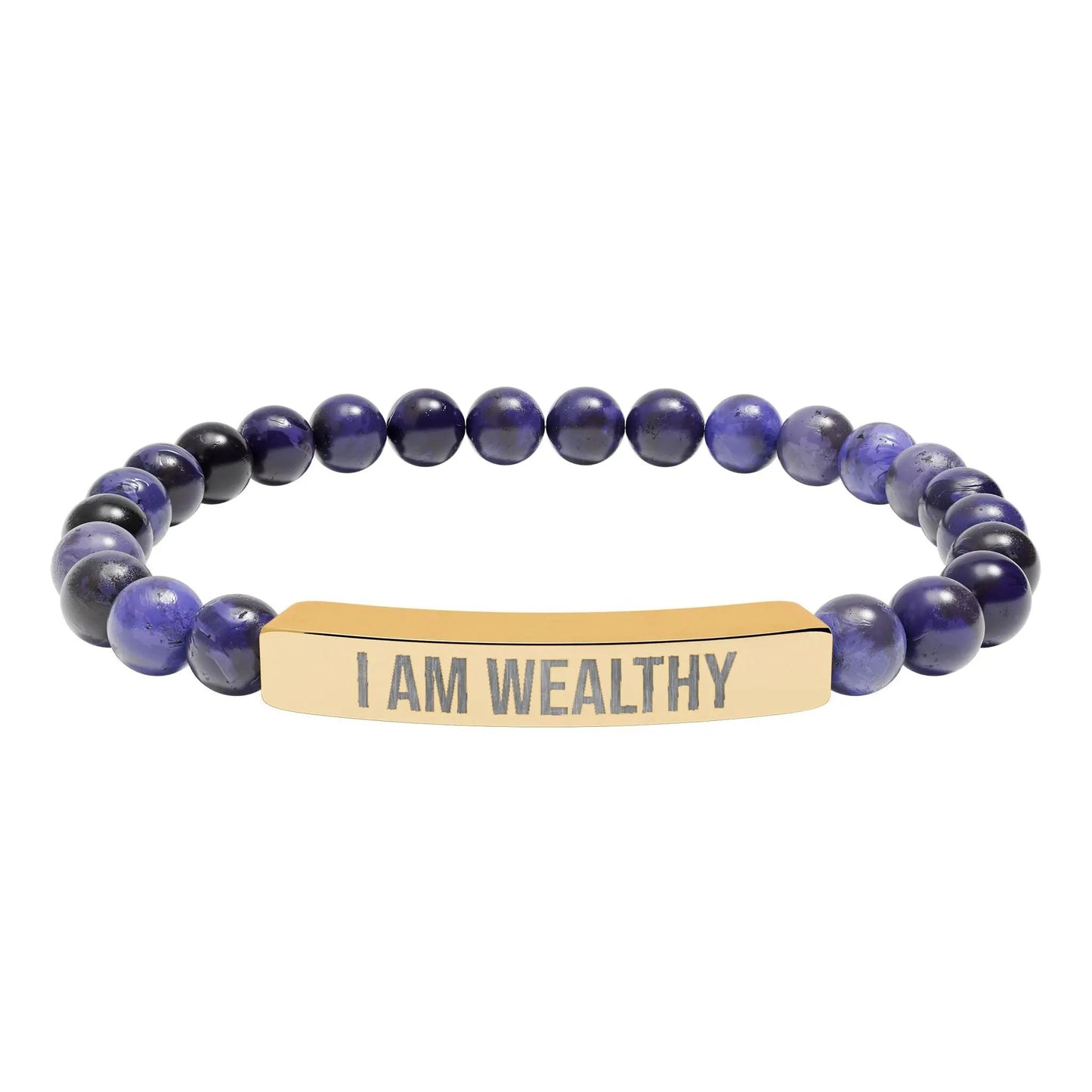 I am Wealthy Natural Stone Stretch Bar Bracelet (Engraving) Printify