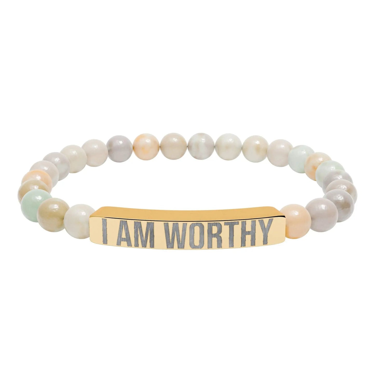 I am Worthy Natural Stone Stretch Bar Bracelet (Engraving) Printify