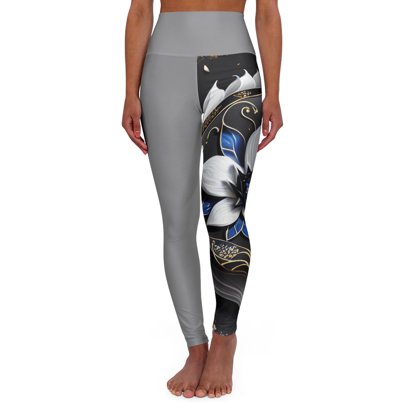 Divine Bloom (Gray) High Waisted Yoga Leggings (AOP)