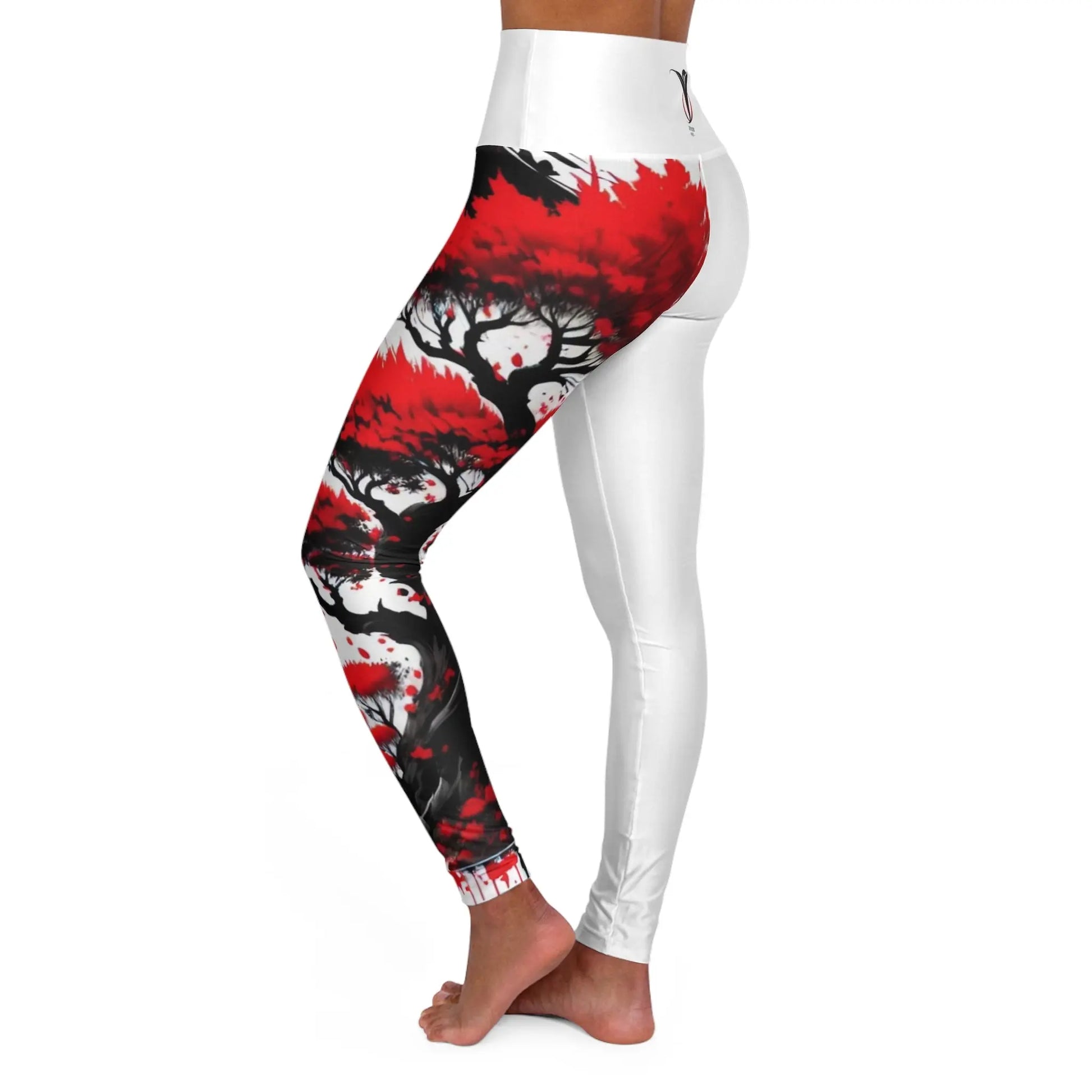 Root Chakra Tree White High Waisted Yoga Leggings (AOP) Printify
