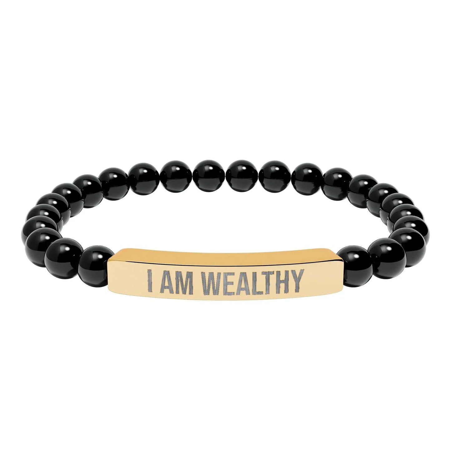 I am Wealthy Natural Stone Stretch Bar Bracelet (Engraving) Printify