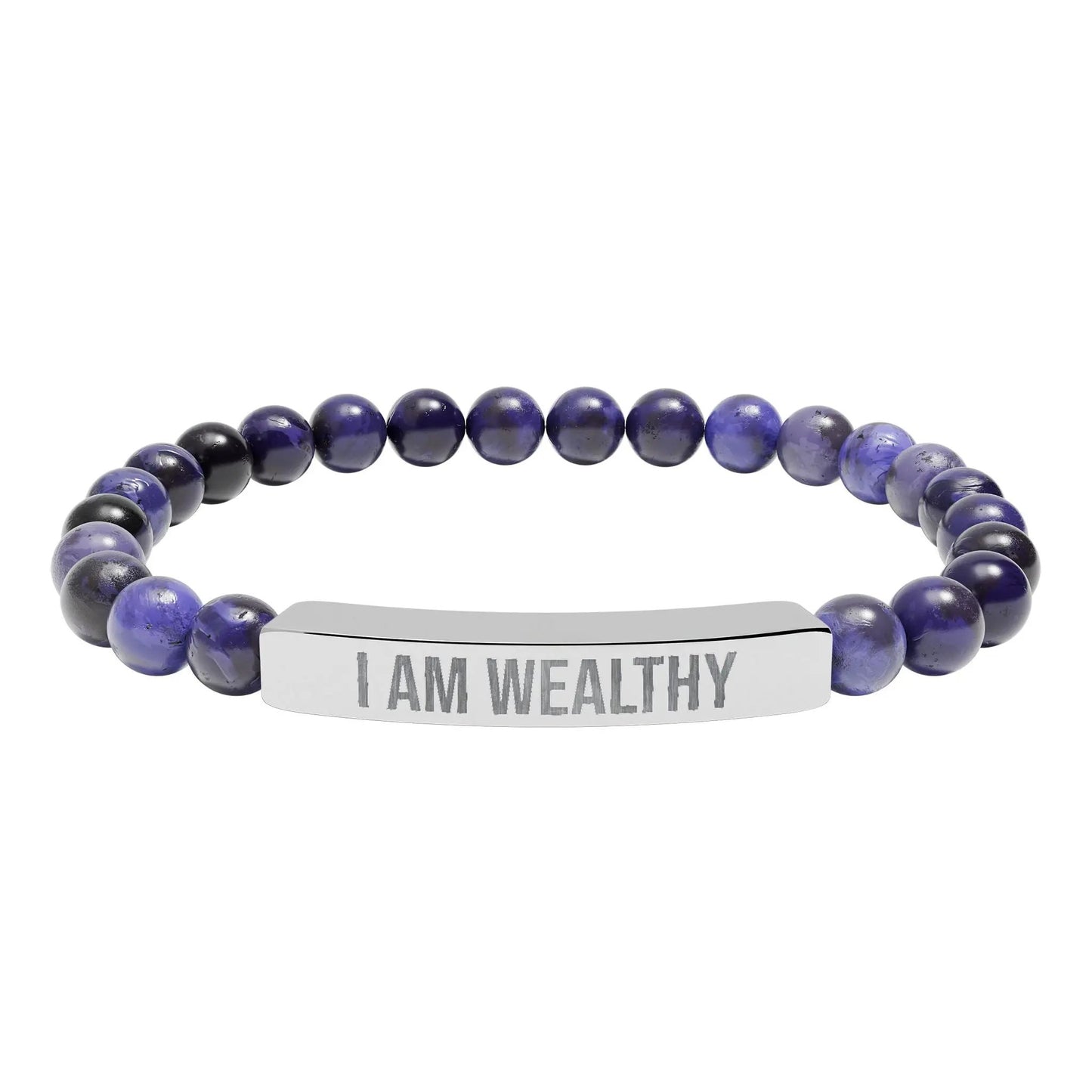 I am Wealthy Natural Stone Stretch Bar Bracelet (Engraving) Printify