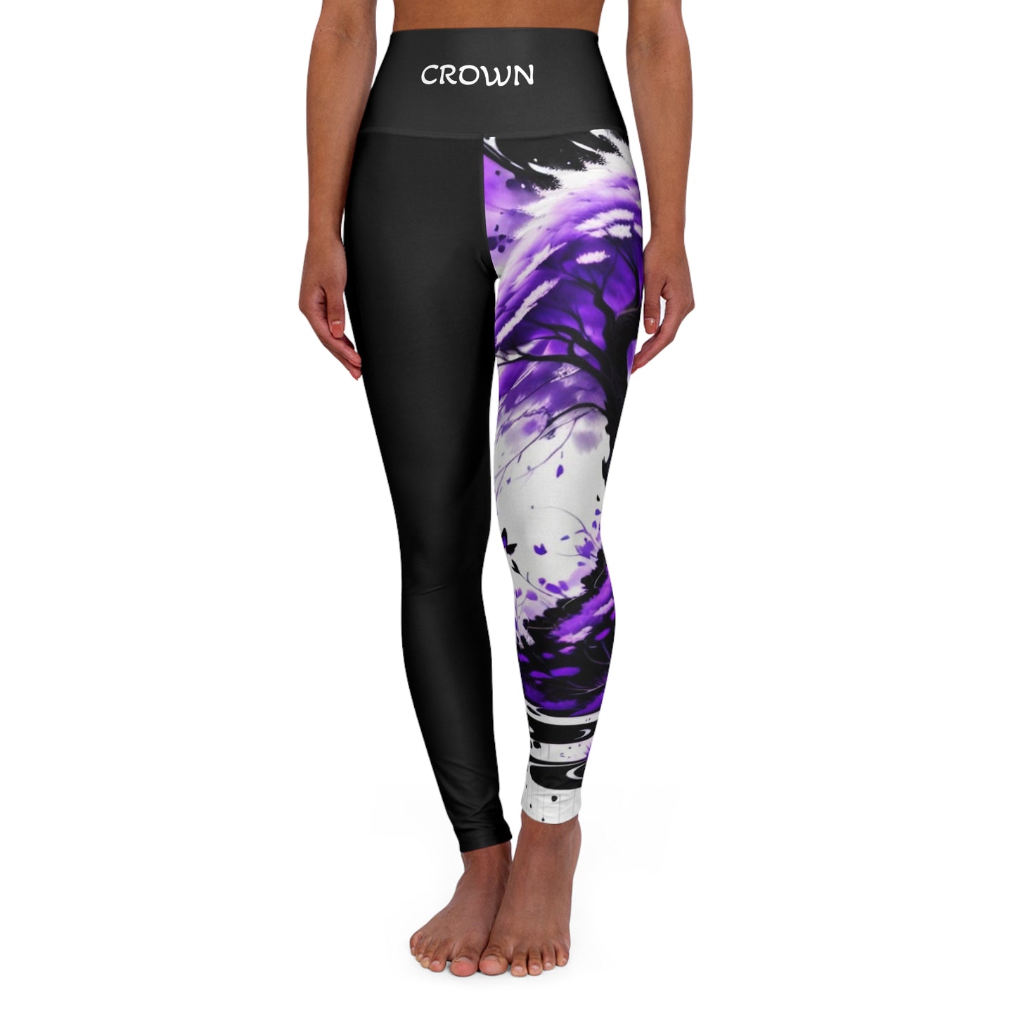 Crown Chakra Tree Black High Waisted Yoga Leggings (AOP)