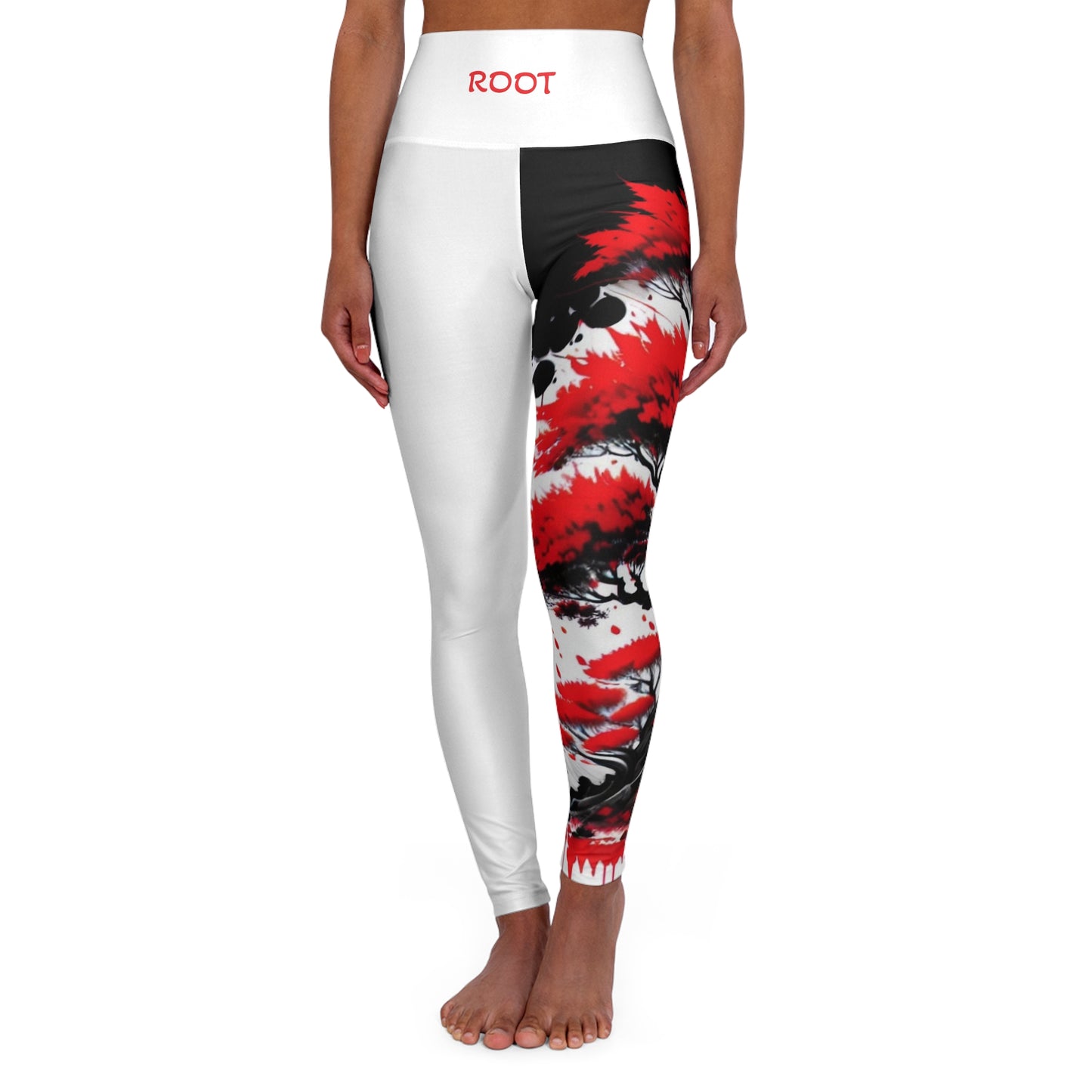 Root Chakra Tree White High Waisted Yoga Leggings (AOP)