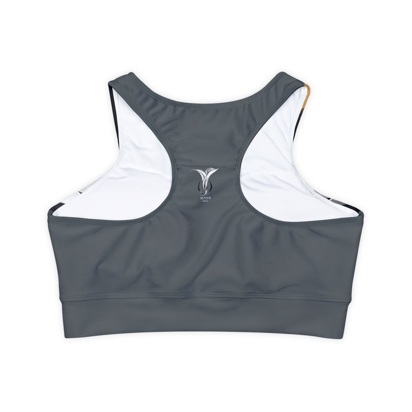 Divine Bloom (Gray) Fully Lined, Padded Sports Bra (AOP)