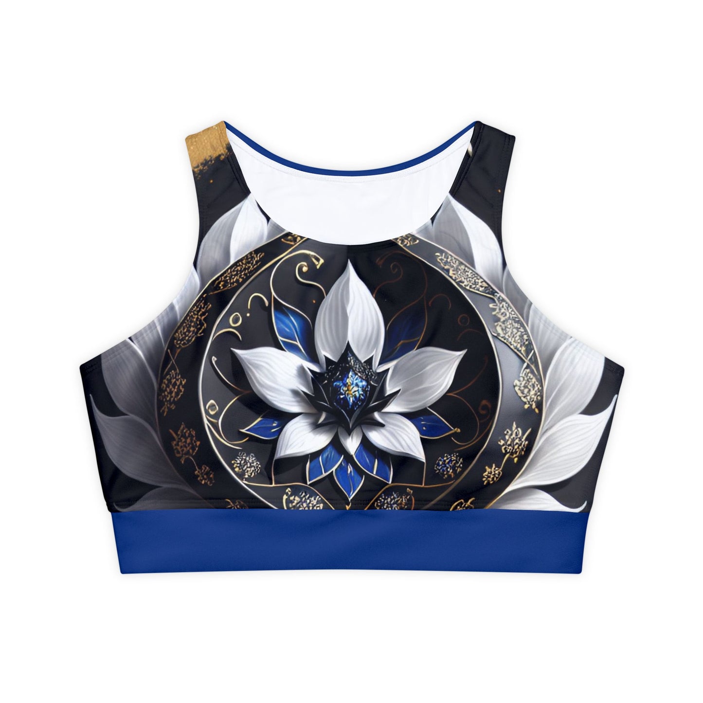 Divine Bloom (Blue) Fully Lined, Padded Sports Bra (AOP)