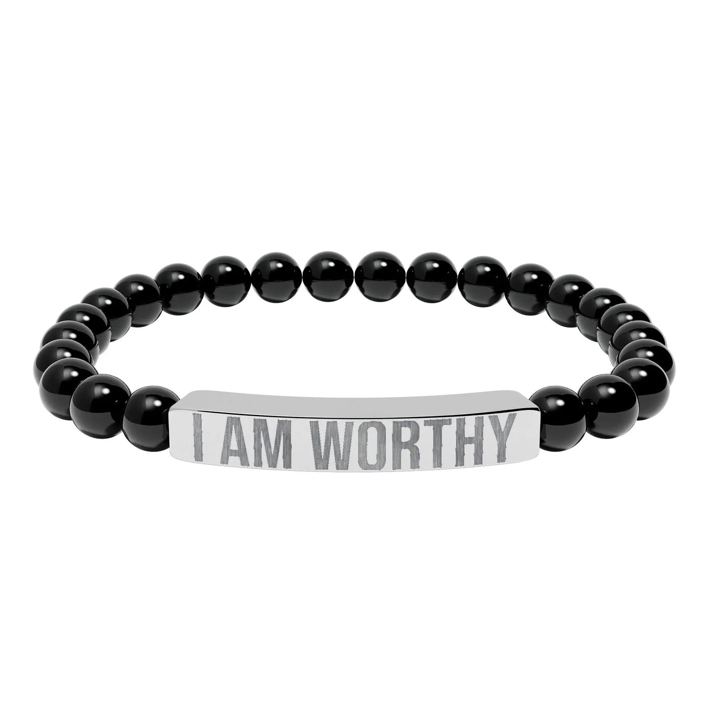 I am Worthy Natural Stone Stretch Bar Bracelet (Engraving) Printify