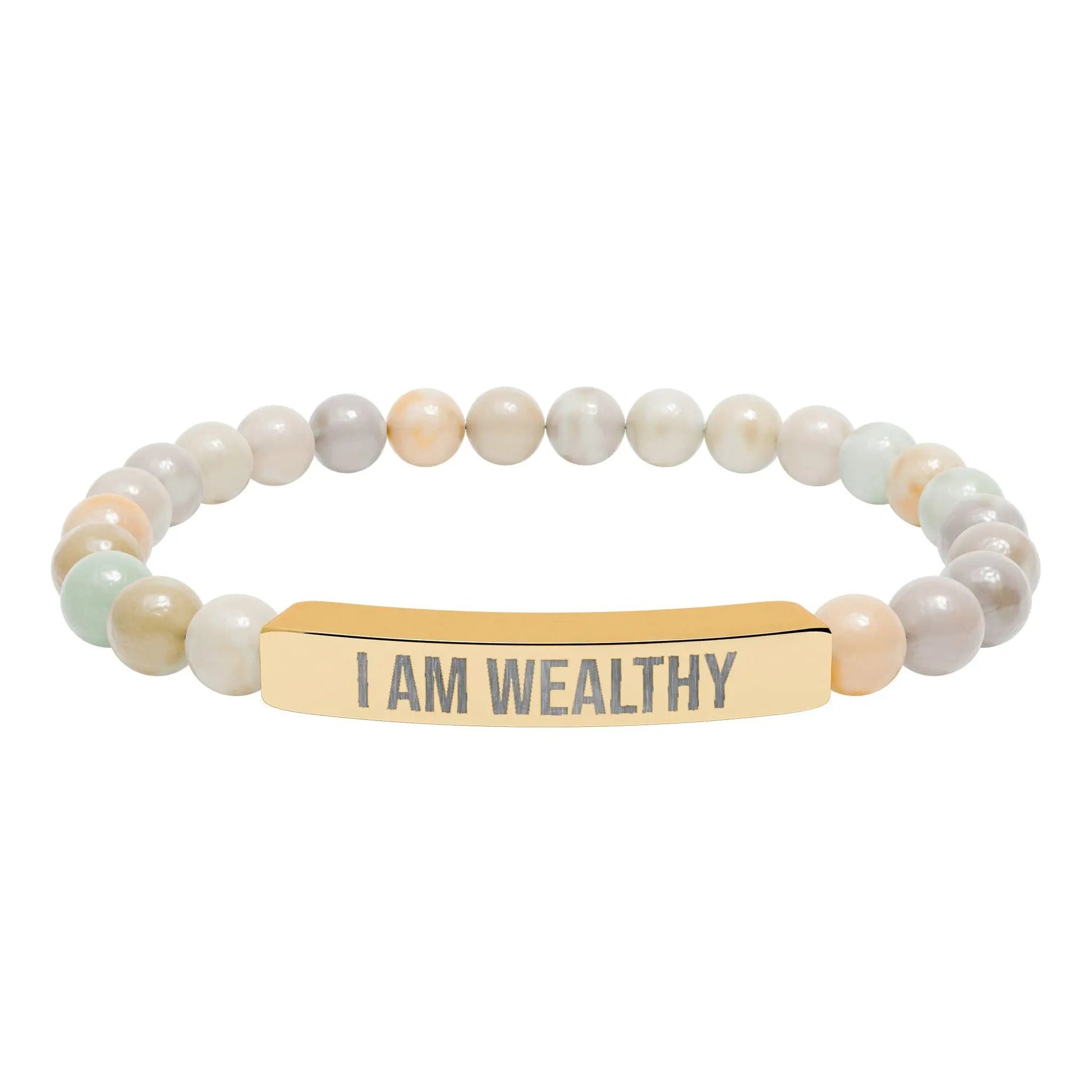 I am Wealthy Natural Stone Stretch Bar Bracelet (Engraving) Printify