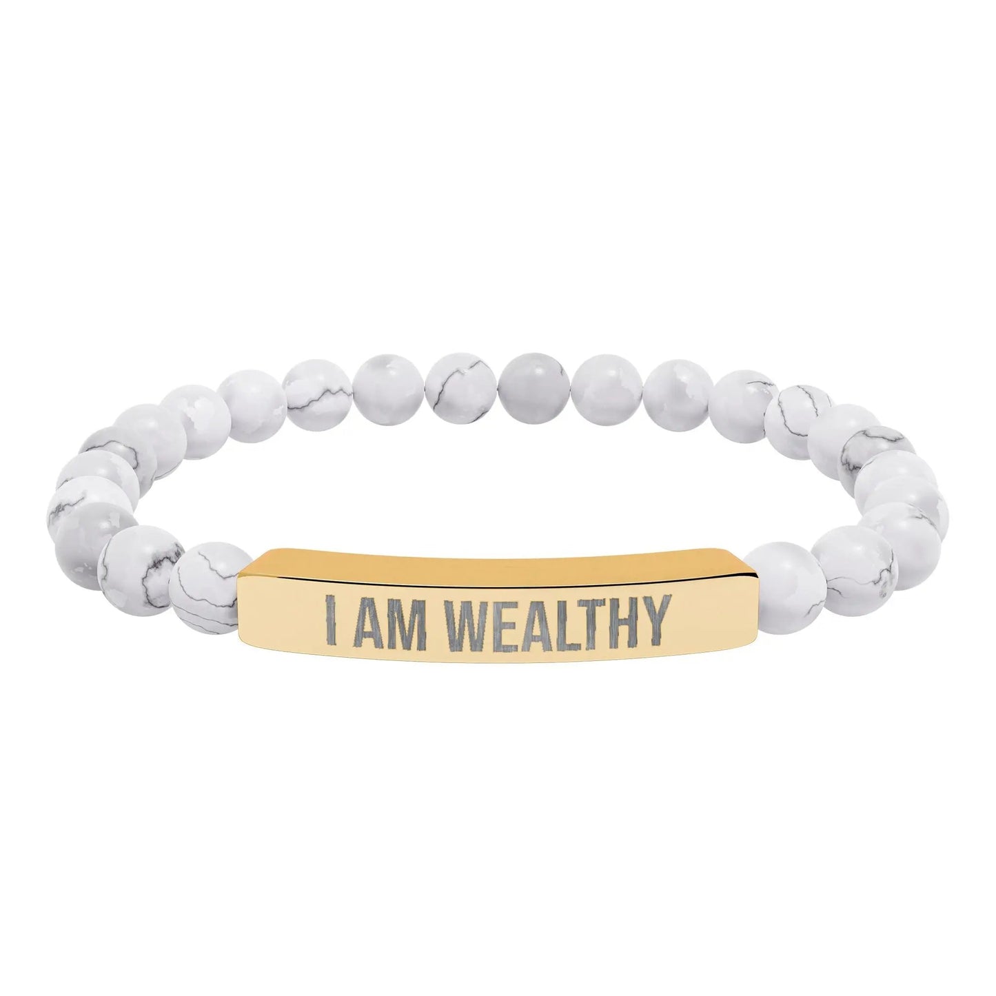 I am Wealthy Natural Stone Stretch Bar Bracelet (Engraving) Printify