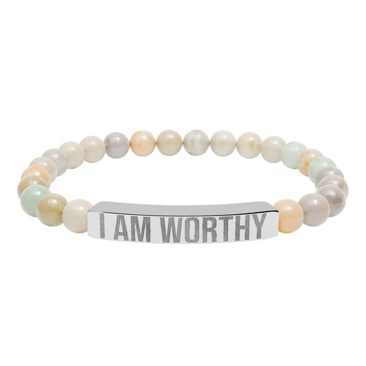 I am Worthy Natural Stone Stretch Bar Bracelet (Engraving) Printify