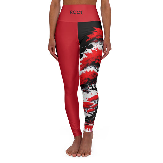 Root Chakra Tree Red High Waisted Yoga Leggings (AOP)