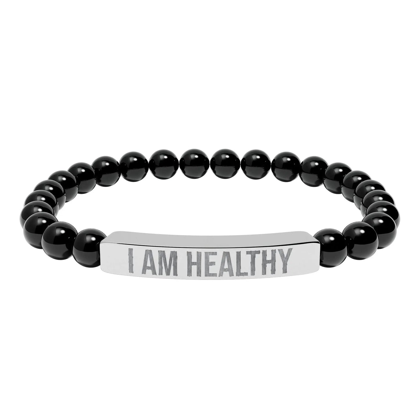 I am Healthy Natural Stone Stretch Bar Bracelet (Engraving) Printify