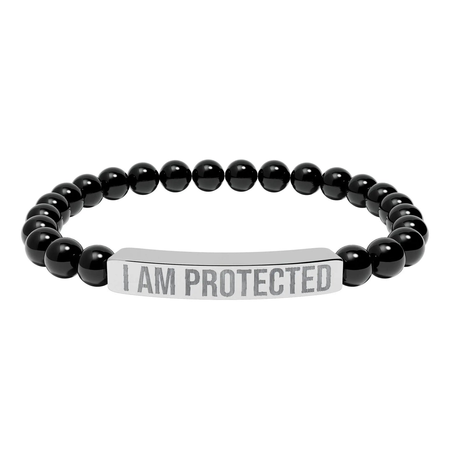 I am Protected Natural Stone Stretch Bar Bracelet (Engraving) Printify