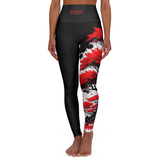 Root Chakra Tree Black High Waisted Yoga Leggings (AOP)