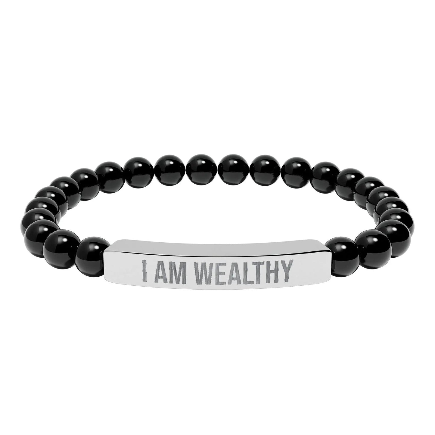 I am Wealthy Natural Stone Stretch Bar Bracelet (Engraving) Printify