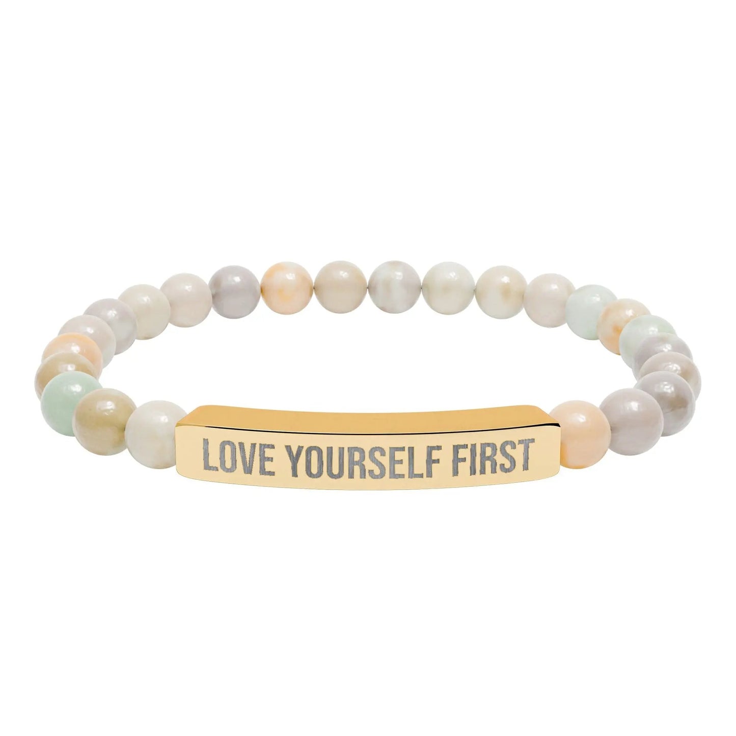 Love Yourself First Natural Stone Stretch Bar Bracelet (Engraving) Printify