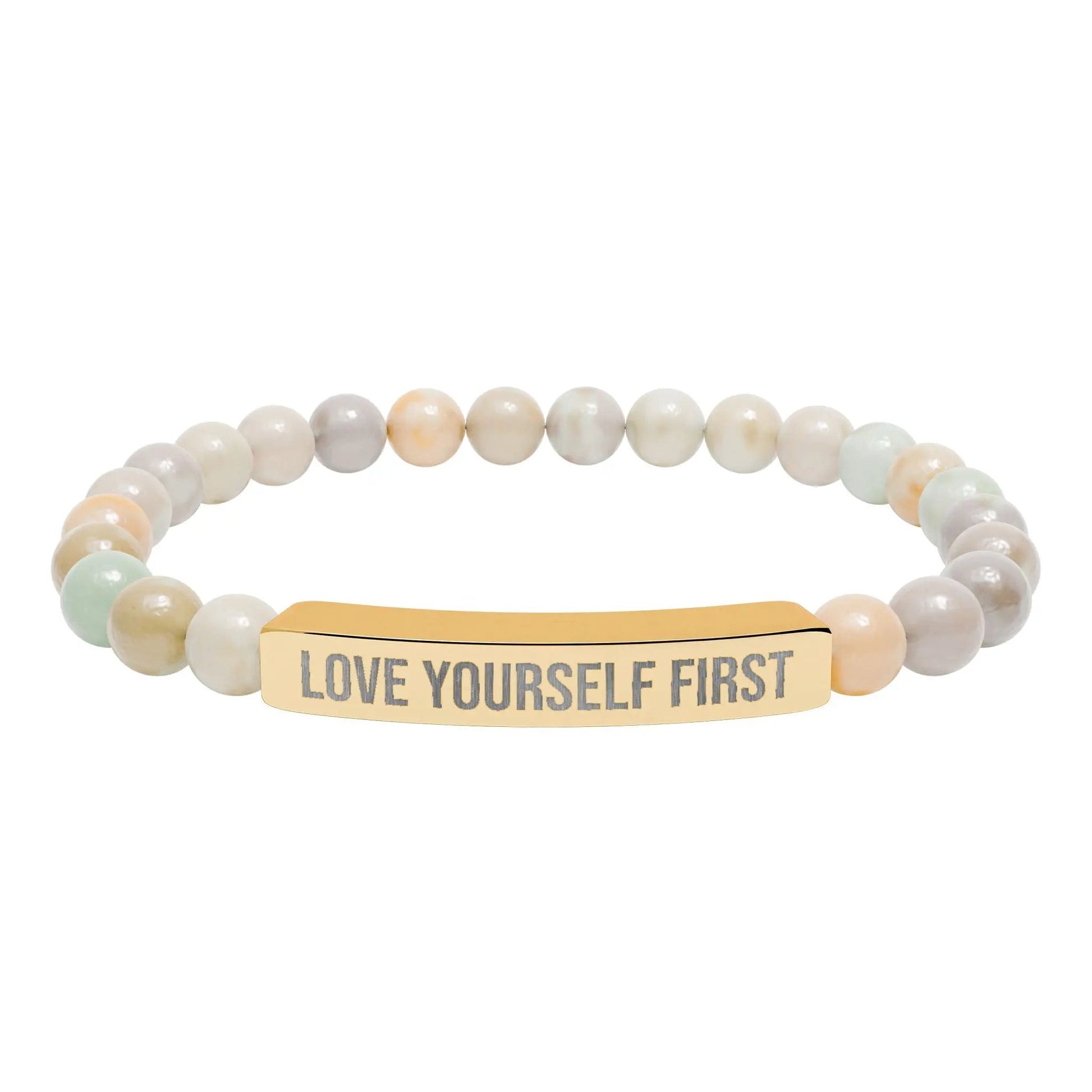 Love Yourself First Natural Stone Stretch Bar Bracelet (Engraving) Printify