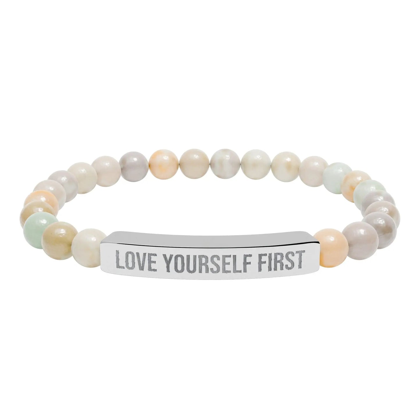 Love Yourself First Natural Stone Stretch Bar Bracelet (Engraving) Printify