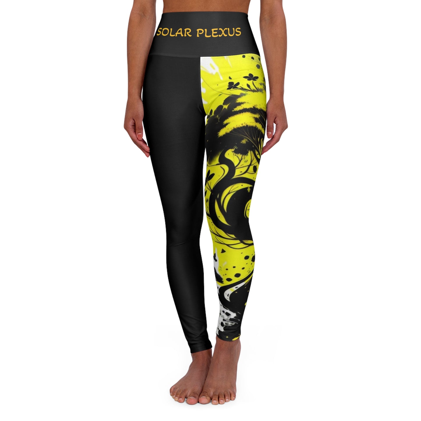 Solar Plexus Chakra Tree Black High Waisted Yoga Leggings (AOP)