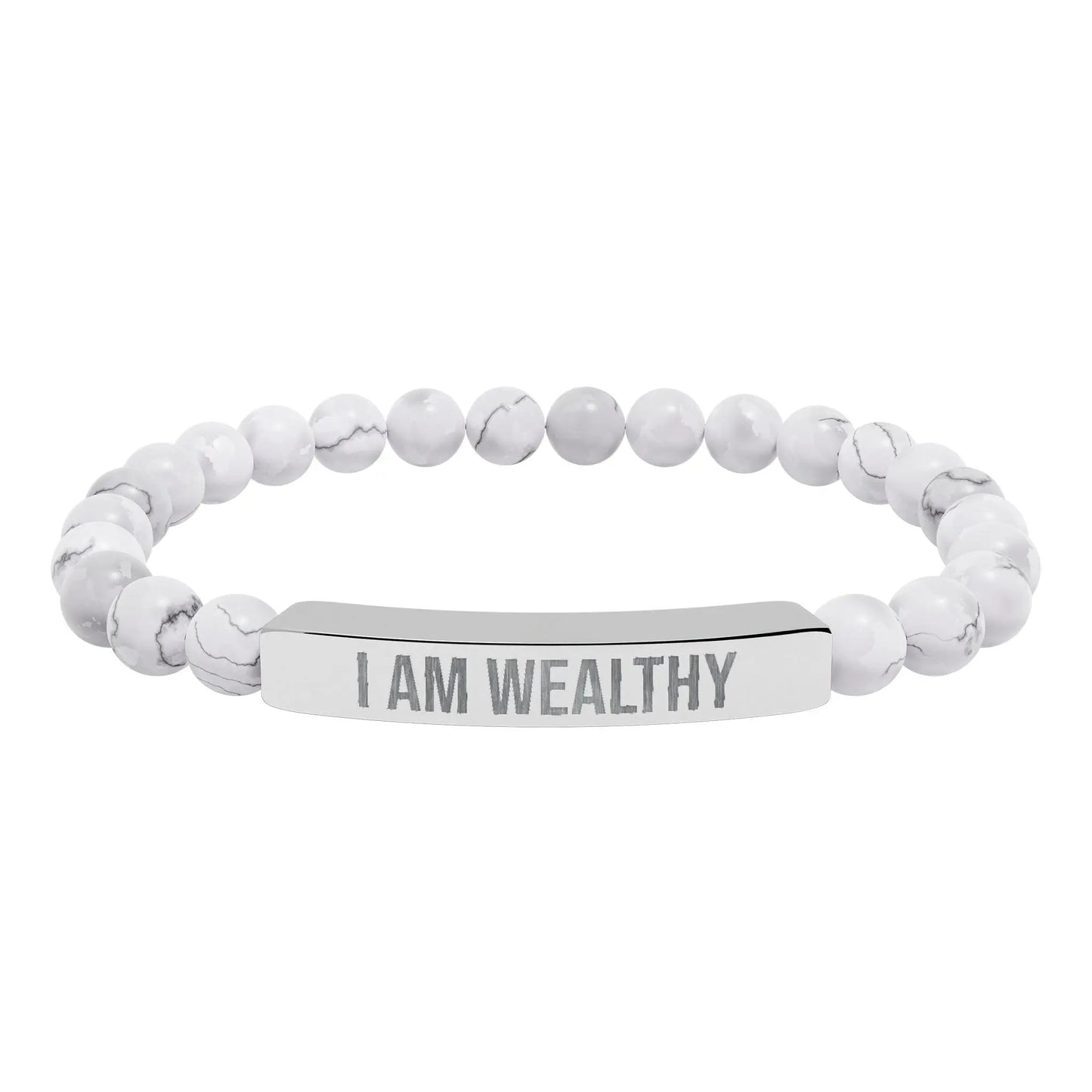 I am Wealthy Natural Stone Stretch Bar Bracelet (Engraving) Printify
