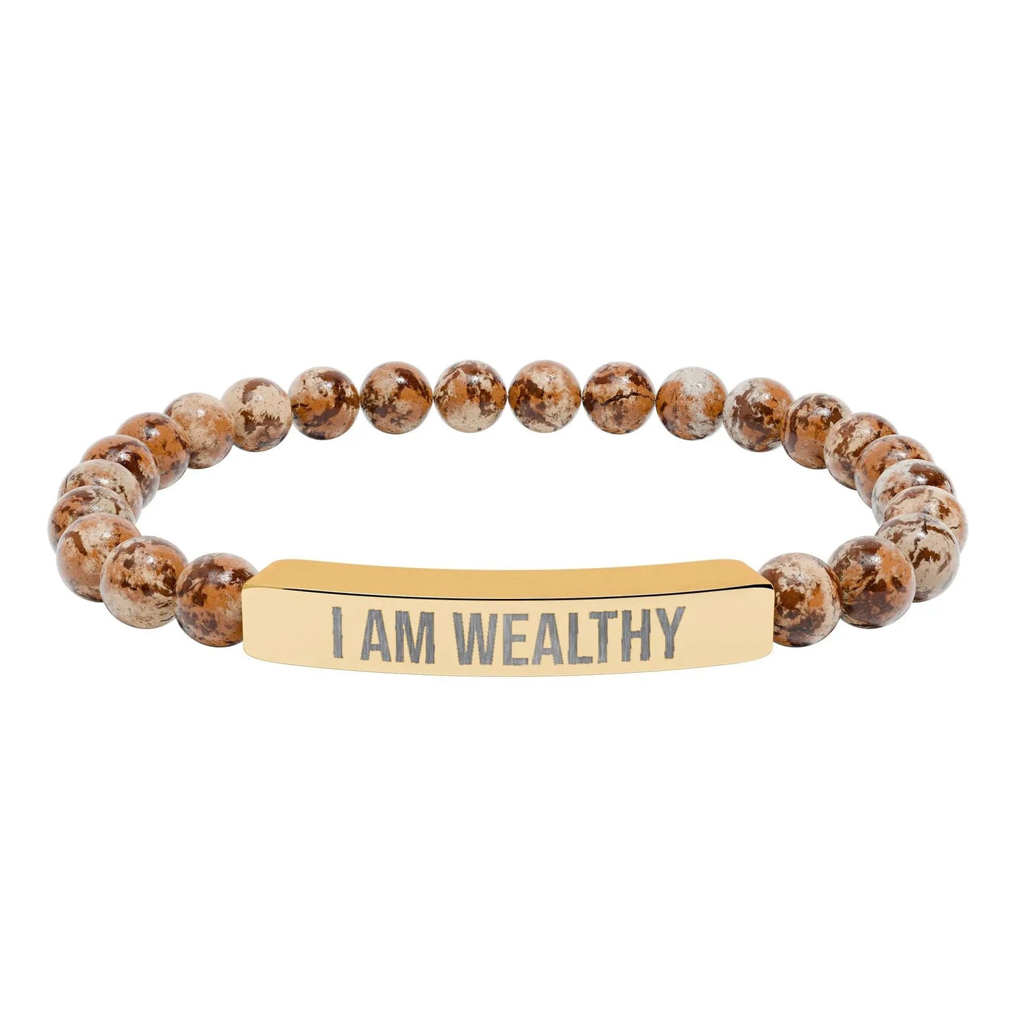 I am Wealthy Natural Stone Stretch Bar Bracelet (Engraving) Printify
