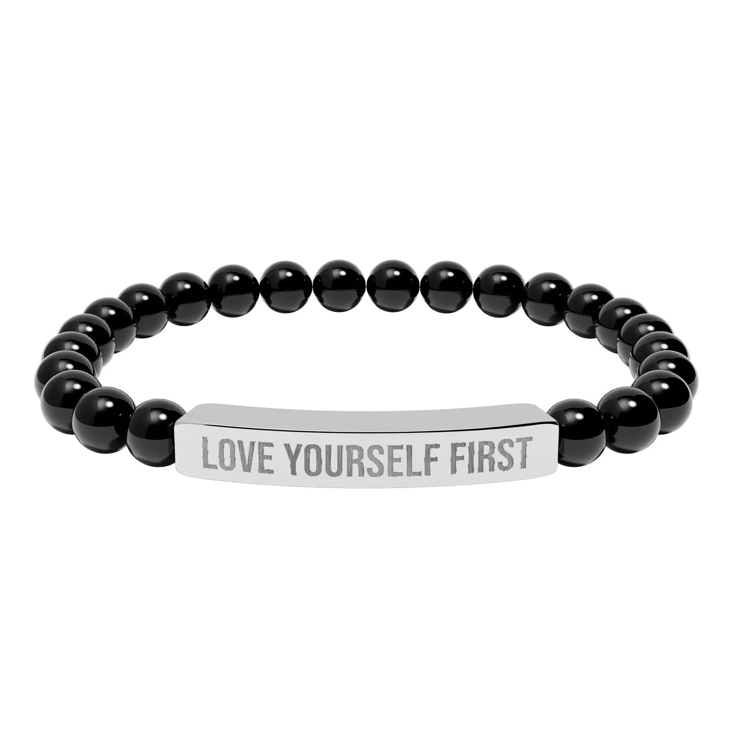 Love Yourself First Natural Stone Stretch Bar Bracelet (Engraving) Printify